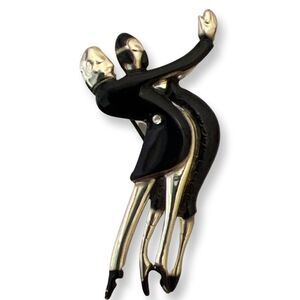 Vintage Gold Tone Enamel Rhinestone Couple Dancing as One Brooch Pin